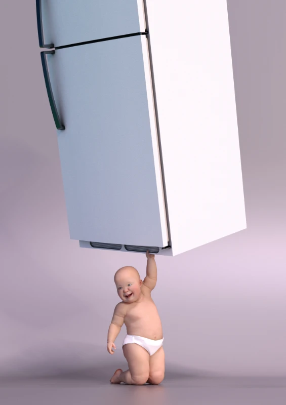 Baby mit Kühlschrank